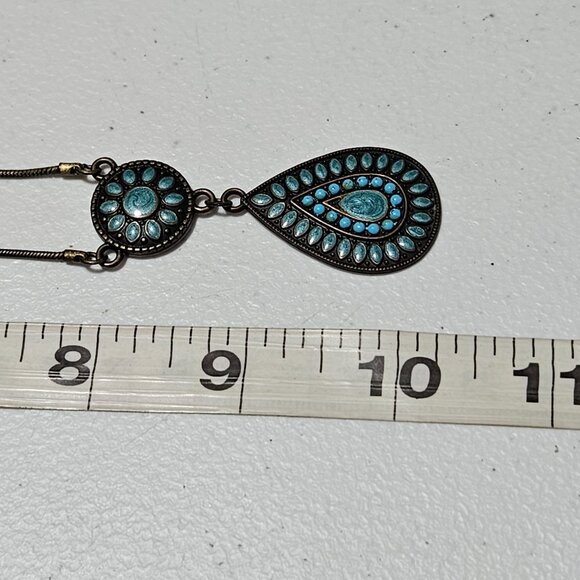 Southwest Turquoise Double Pendant Necklace Gold Tone Statement Fashion Jewelry - Picture 7 of 7